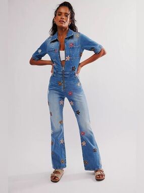 Free People Driftwood embroidered flower denim jumpsuit